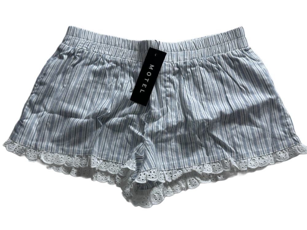 Motel Rocks Bonji Shorts Womens M White Blue Stripe Eyelet Lace Trim NWT